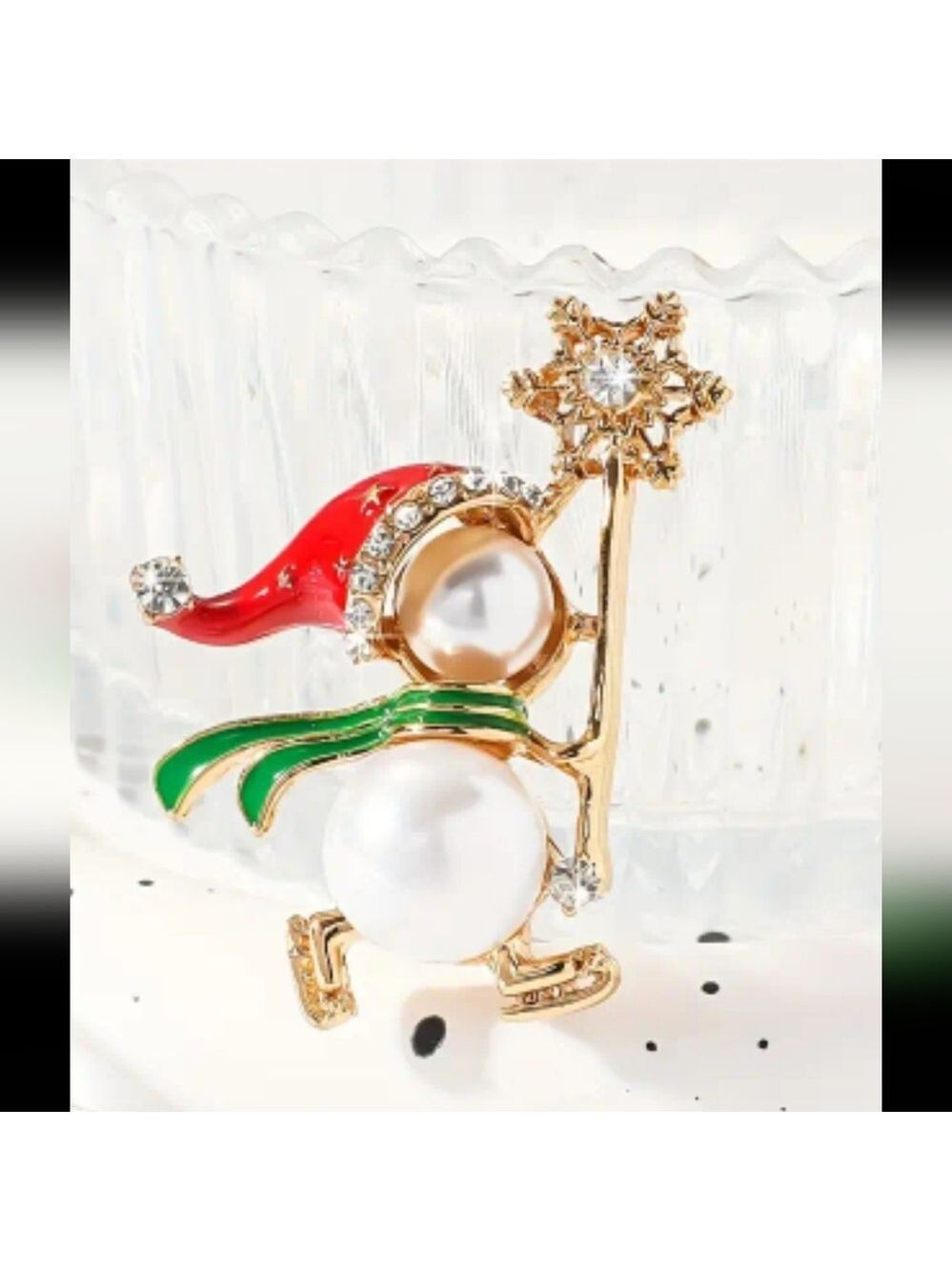 Brooch Christmas Pearl Body Snowman Pin Rhinestones  Gold Tone ice skating